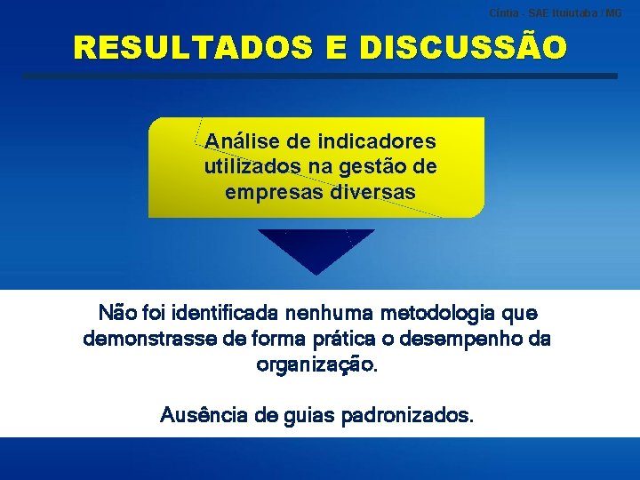 Cíntia - SAE Ituiutaba / MG RESULTADOS E DISCUSSÃO Análise de indicadores utilizados na