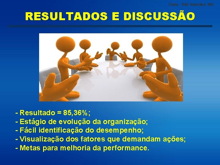 Cíntia - SAE Ituiutaba / MG RESULTADOS E DISCUSSÃO - Resultado = 85, 36%;