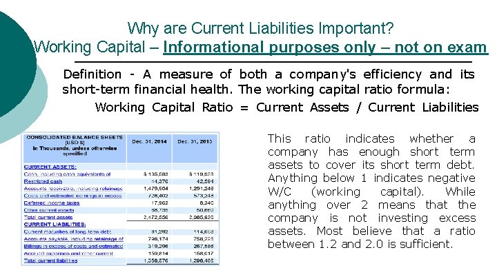 Why are Current Liabilities Important? Working Capital – Informational purposes only – not on