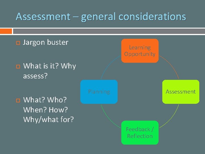 Assessment – general considerations Jargon buster Learning Opportunity What is it? Why assess? What?