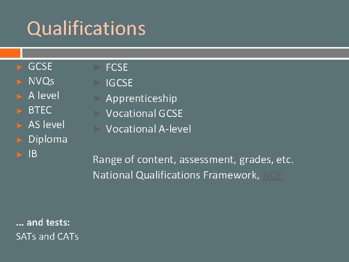 Qualifications ► ► ► ► GCSE NVQs A level BTEC AS level Diploma IB