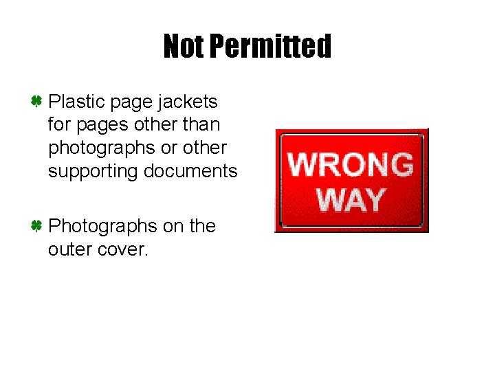 Not Permitted Plastic page jackets for pages other than photographs or other supporting documents