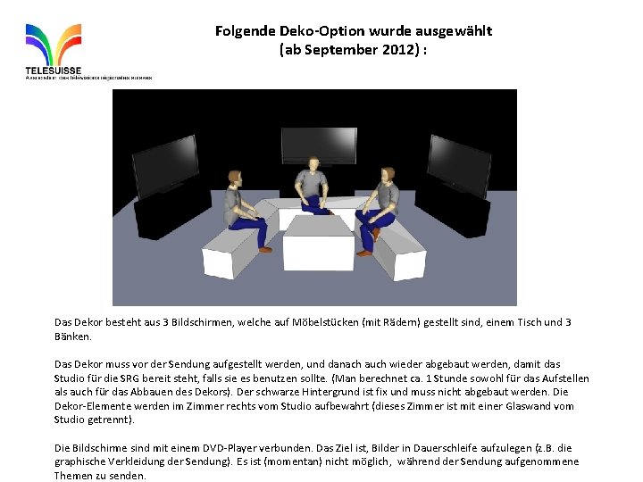 Folgende Deko-Option wurde ausgewählt (ab September 2012) : Das Dekor besteht aus 3 Bildschirmen,