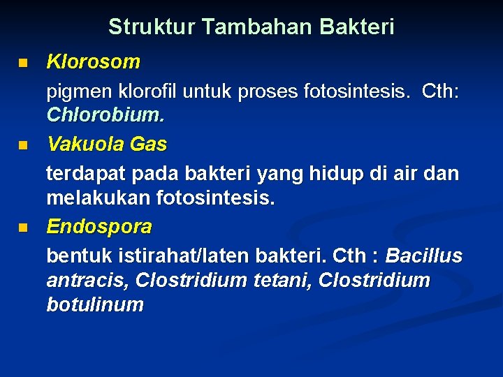 Struktur Tambahan Bakteri n n n Klorosom pigmen klorofil untuk proses fotosintesis. Cth: Chlorobium.