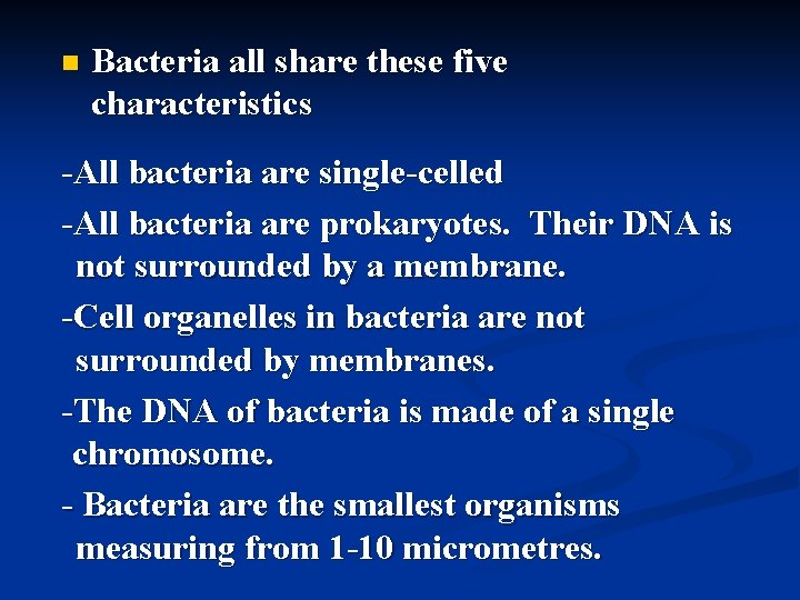 n Bacteria all share these five characteristics -All bacteria are single-celled -All bacteria are