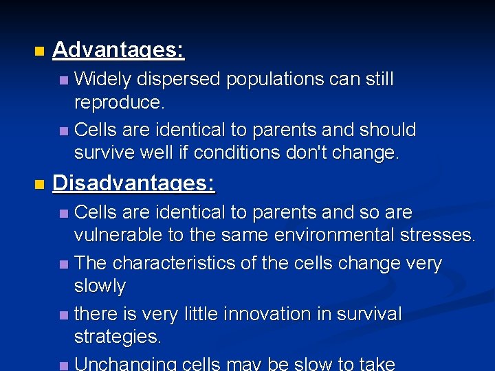 n Advantages: Widely dispersed populations can still reproduce. n Cells are identical to parents