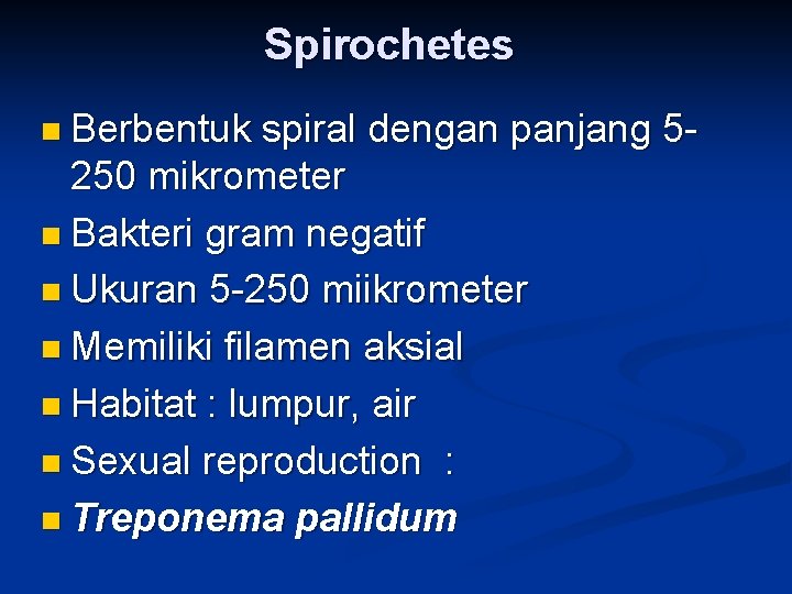 Spirochetes n Berbentuk spiral dengan panjang 5250 mikrometer n Bakteri gram negatif n Ukuran