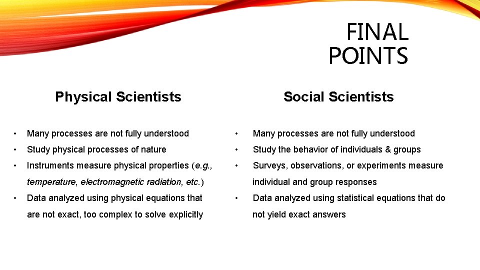 FINAL POINTS Social Scientists Physical Scientists • Many processes are not fully understood •