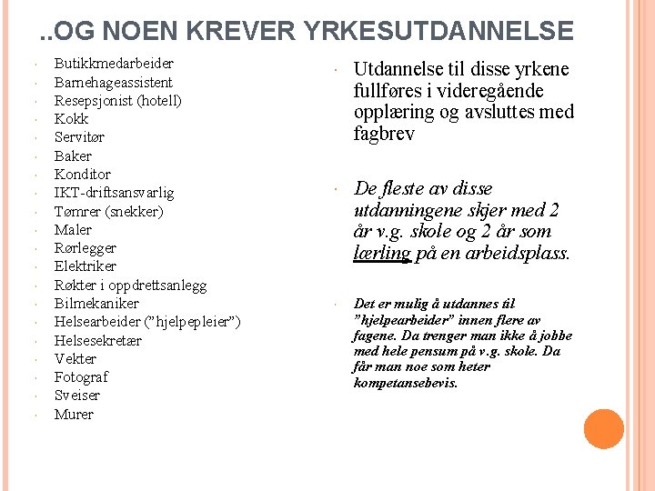 . . OG NOEN KREVER YRKESUTDANNELSE Butikkmedarbeider Barnehageassistent Resepsjonist (hotell) Kokk Servitør Baker Konditor