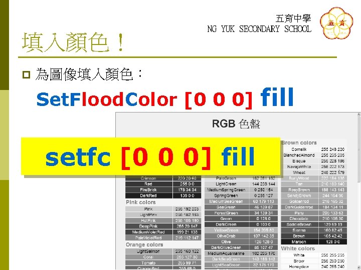 填入顏色！ p 五育中學 NG YUK SECONDARY SCHOOL 為圖像填入顏色： Set. Flood. Color [0 0 0]