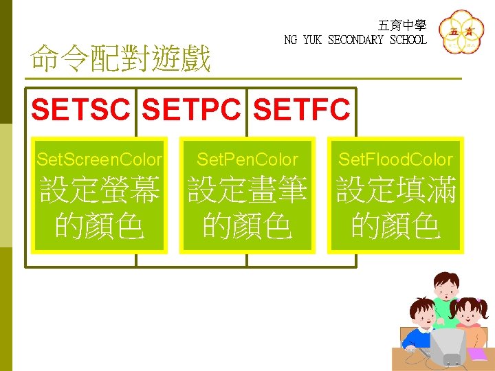 命令配對遊戲 五育中學 NG YUK SECONDARY SCHOOL SETSC SETPC SETFC Set. Screen. Color Set. Pen.