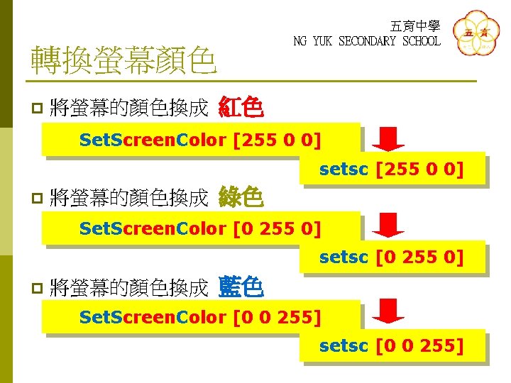 轉換螢幕顏色 p 五育中學 NG YUK SECONDARY SCHOOL 將螢幕的顏色換成 紅色 Set. Screen. Color [255 0