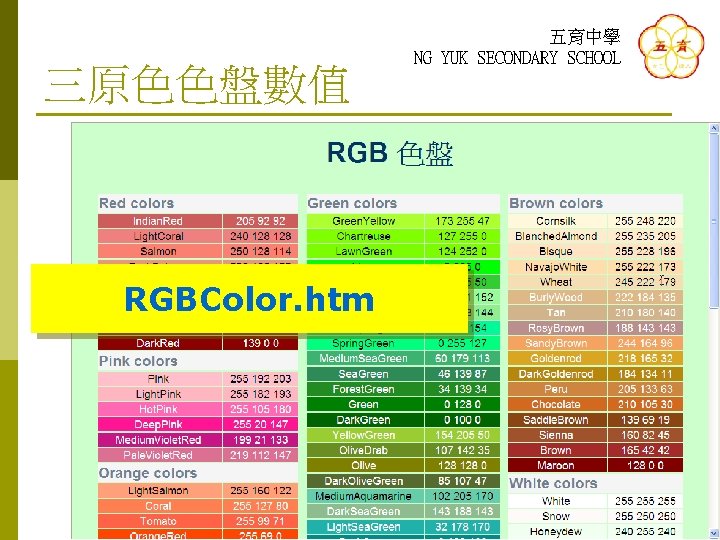 三原色色盤數值 RGBColor. htm 五育中學 NG YUK SECONDARY SCHOOL 