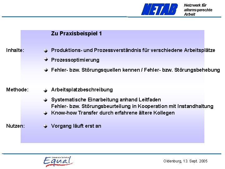 NETAB Netzwerk für alternsgerechte Arbeit Zu Praxisbeispiel 1 Inhalte: Produktions und Prozessverständnis für verschiedene