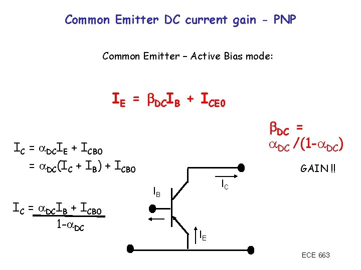 Common Emitter DC current gain - PNP Common Emitter – Active Bias mode: IE