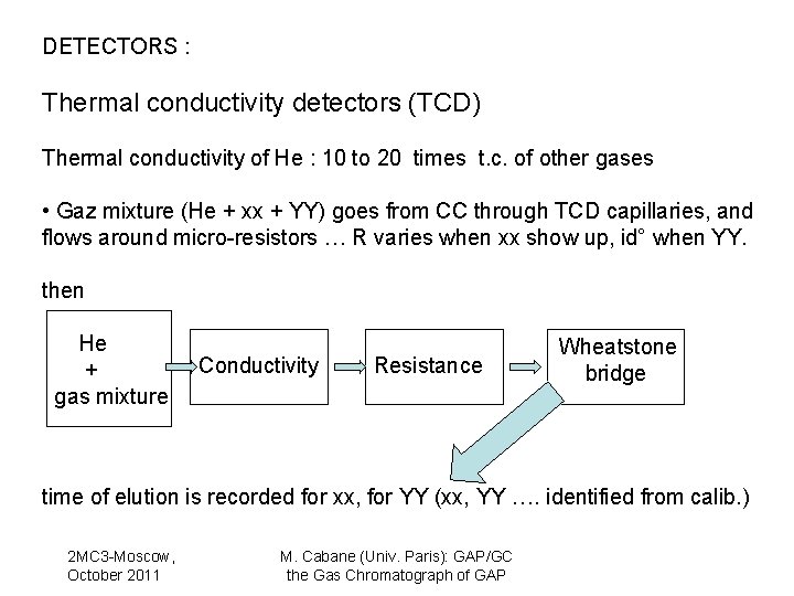 DETECTORS : Thermal conductivity detectors (TCD) Thermal conductivity of He : 10 to 20