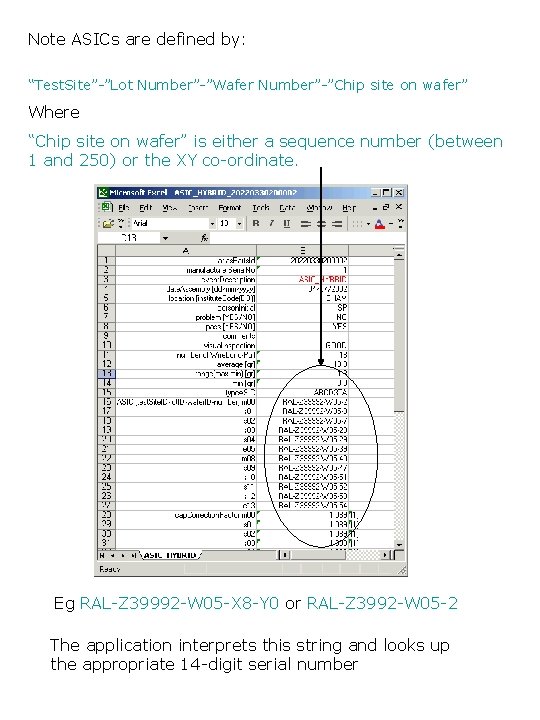 Note ASICs are defined by: “Test. Site”-”Lot Number”-”Wafer Number”-”Chip site on wafer” Where “Chip