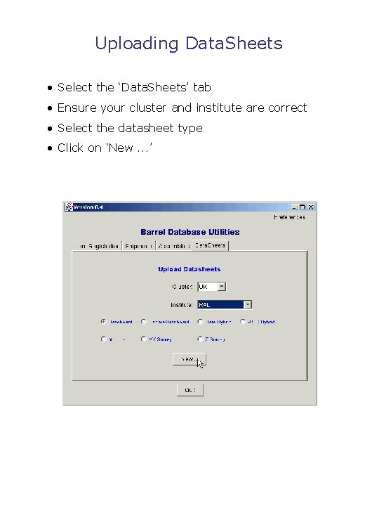 Uploading Data. Sheets • Select the ‘Data. Sheets’ tab • Ensure your cluster and