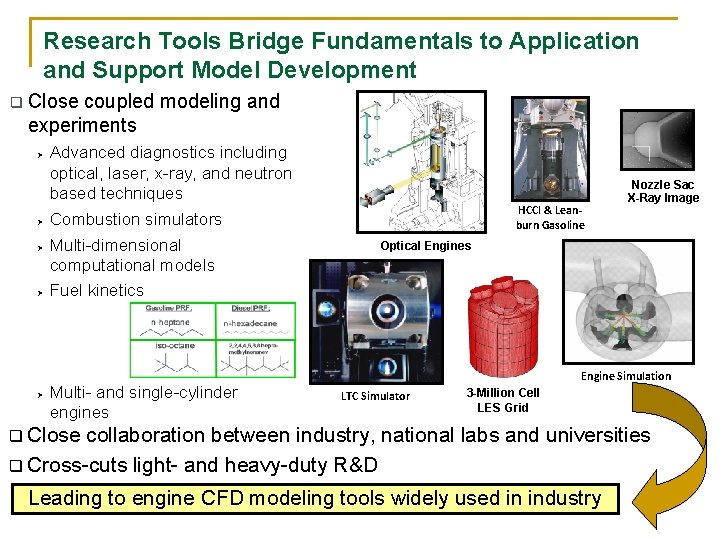 Research Tools Bridge Fundamentals to Application and Support Model Development q Close coupled modeling