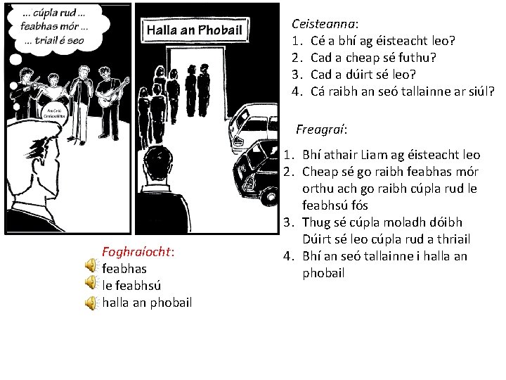 Ceisteanna: 1. Cé a bhí ag éisteacht leo? 2. Cad a cheap sé futhu?