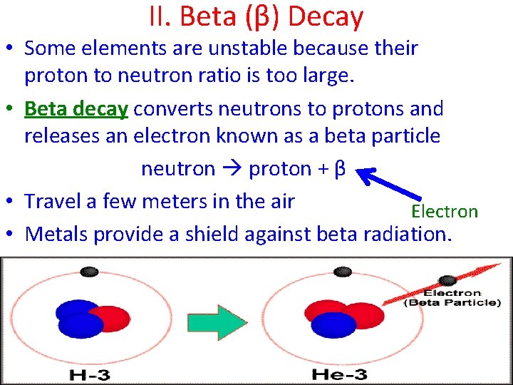 II. Beta (β) Decay • Some elements are unstable because their proton to neutron