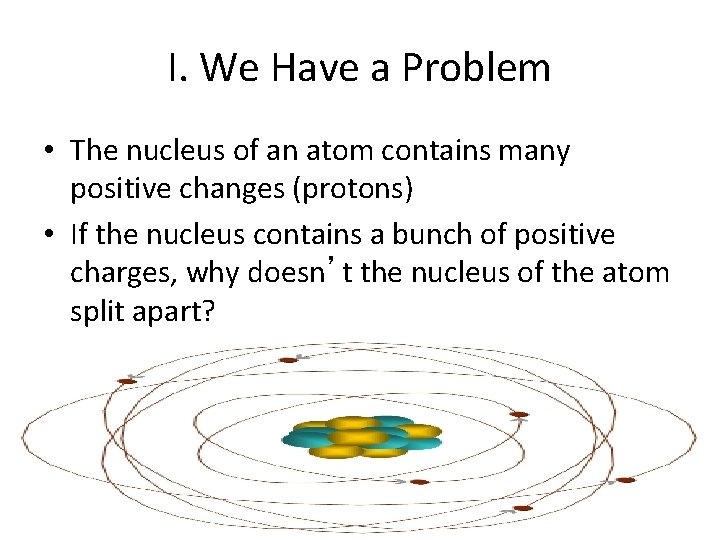 I. We Have a Problem • The nucleus of an atom contains many positive