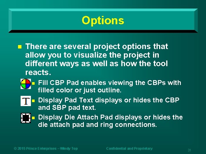 Options n There are several project options that allow you to visualize the project