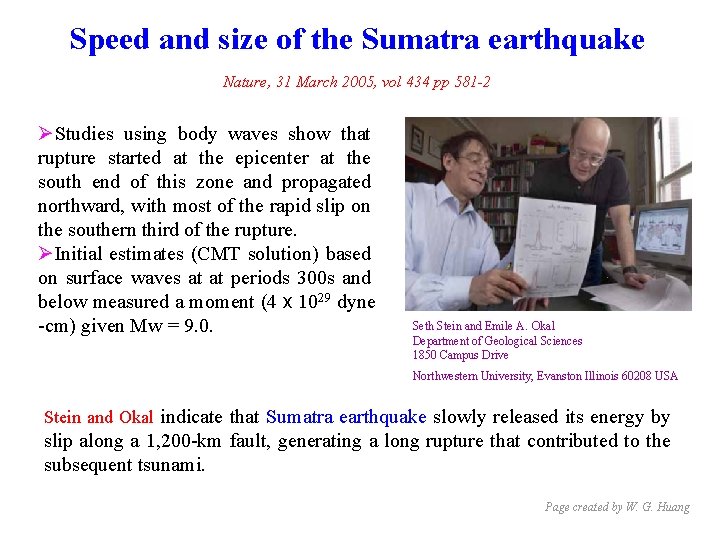 Speed and size of the Sumatra earthquake Nature, 31 March 2005, vol 434 pp