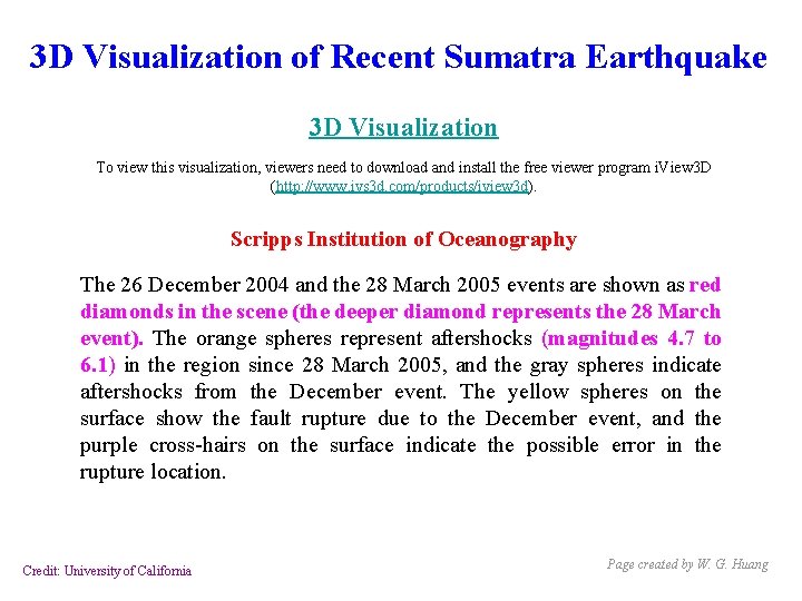 3 D Visualization of Recent Sumatra Earthquake 3 D Visualization To view this visualization,