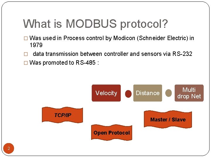 What is MODBUS protocol? � Was used in Process control by Modicon (Schneider Electric)