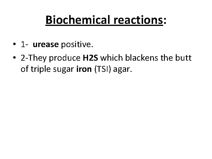 Biochemical reactions: • 1 - urease positive. • 2 -They produce H 2 S