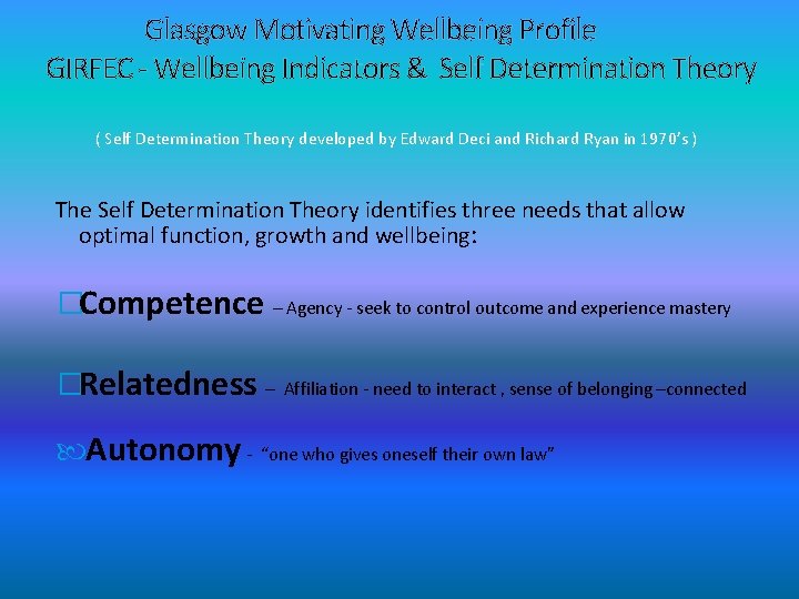 Glasgow Motivating Wellbeing Profile GIRFEC - Wellbeing Indicators & Self Determination Theory ( Self
