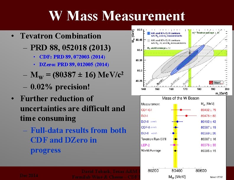 W Mass Measurement • Tevatron Combination – PRD 88, 052018 (2013) • CDF: PRD