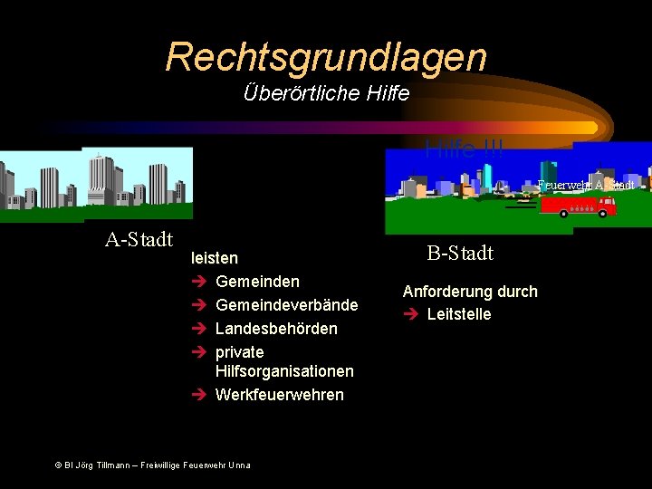 Rechtsgrundlagen Überörtliche Hilfe !!! Feuerwehr A-Stadt leisten è Gemeindeverbände è Landesbehörden è private Hilfsorganisationen