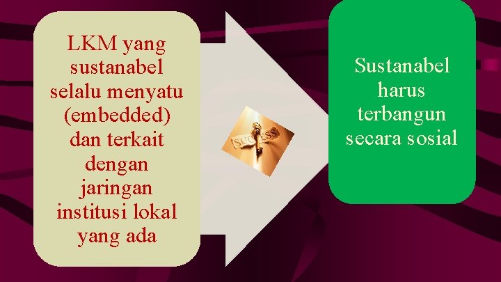 LKM yang sustanabel selalu menyatu (embedded) dan terkait dengan jaringan institusi lokal yang ada