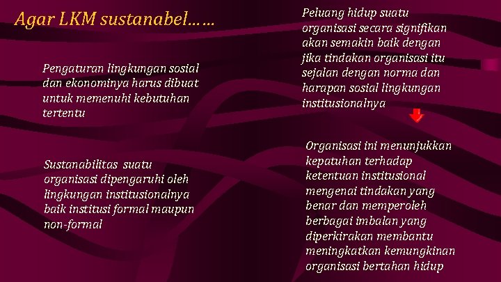 Agar LKM sustanabel…… Pengaturan lingkungan sosial dan ekonominya harus dibuat untuk memenuhi kebutuhan tertentu