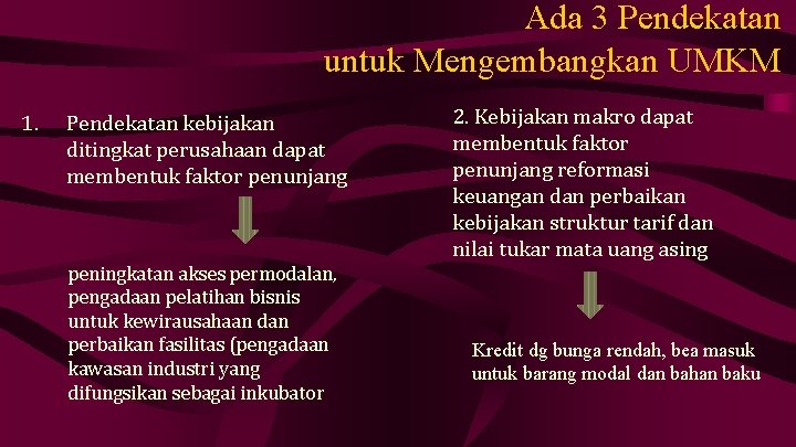 Ada 3 Pendekatan untuk Mengembangkan UMKM 1. Pendekatan kebijakan ditingkat perusahaan dapat membentuk faktor