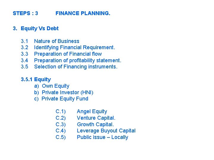 STEPS : 3 FINANCE PLANNING. 3. Equity Vs Debt 3. 1 3. 2 3.