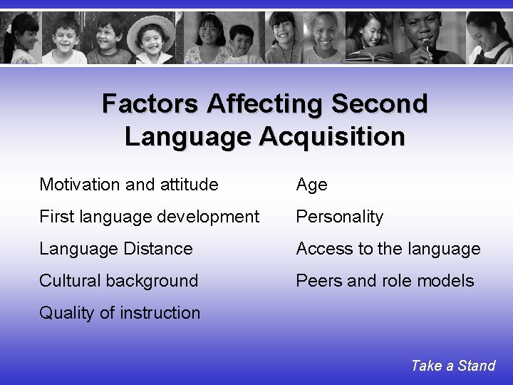 Factors Affecting Second Language Acquisition Motivation and attitude Age First language development Personality Language