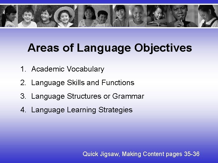 Areas of Language Objectives 1. Academic Vocabulary 2. Language Skills and Functions 3. Language