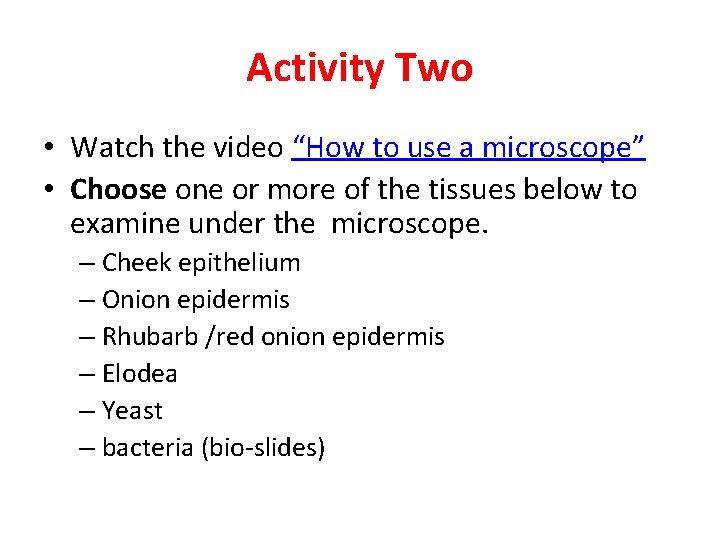 Activity Two • Watch the video “How to use a microscope” • Choose one
