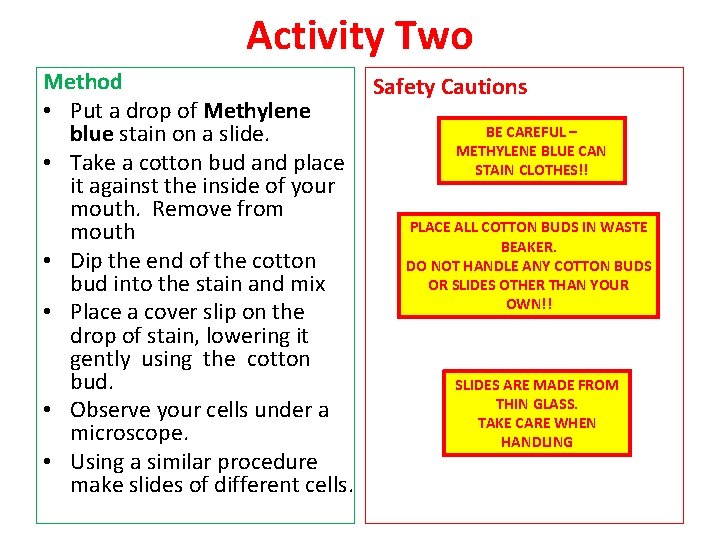 Activity Two Method Safety Cautions • Put a drop of Methylene BE CAREFUL –