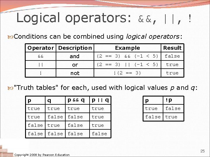 Logical operators: &&, ||, ! Conditions can be combined using logical operators: Operator Description