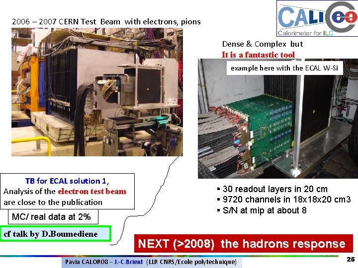2006 – 2007 CERN Test Beam with electrons, pions Dense & Complex but It 2006 – 2007 CERN Test Beam with electrons, pions Dense & Complex but It