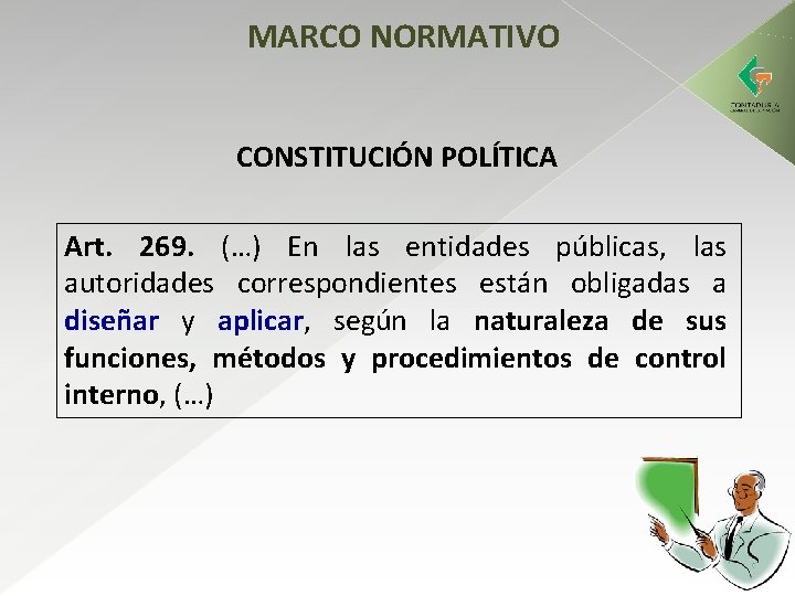 MARCO NORMATIVO CONSTITUCIÓN POLÍTICA Art. 269. (…) En las entidades públicas, las autoridades correspondientes