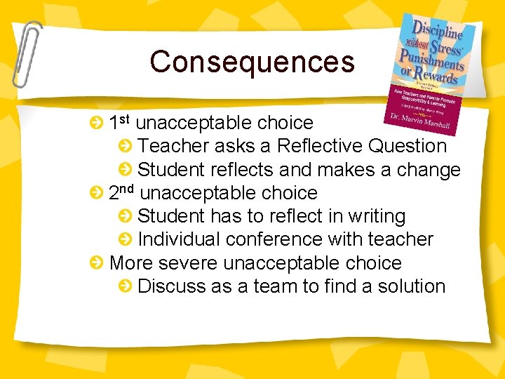 Consequences 1 st unacceptable choice Teacher asks a Reflective Question Student reflects and makes