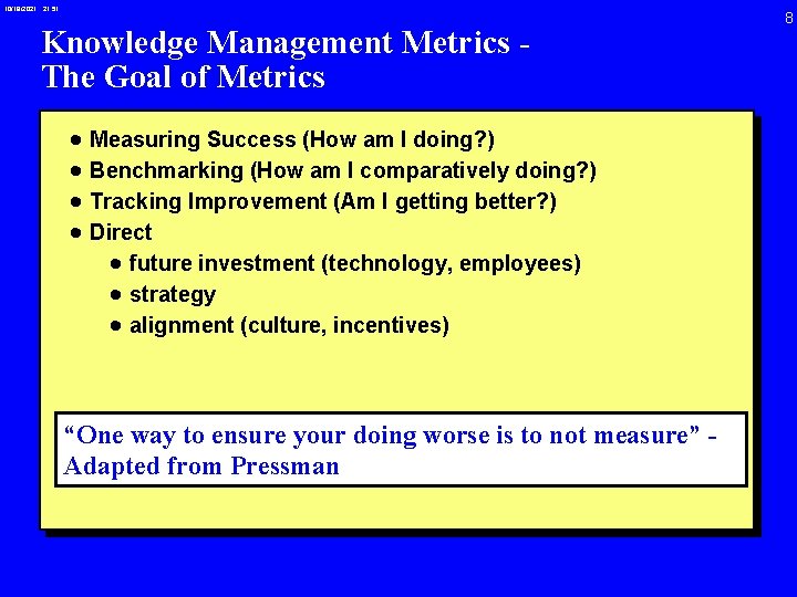 10/19/2021 21: 51 Knowledge Management Metrics The Goal of Metrics · Measuring Success (How