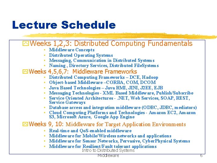 Lecture Schedule y. Weeks 1, 2, 3: Distributed Computing Fundamentals • • Middleware Concepts