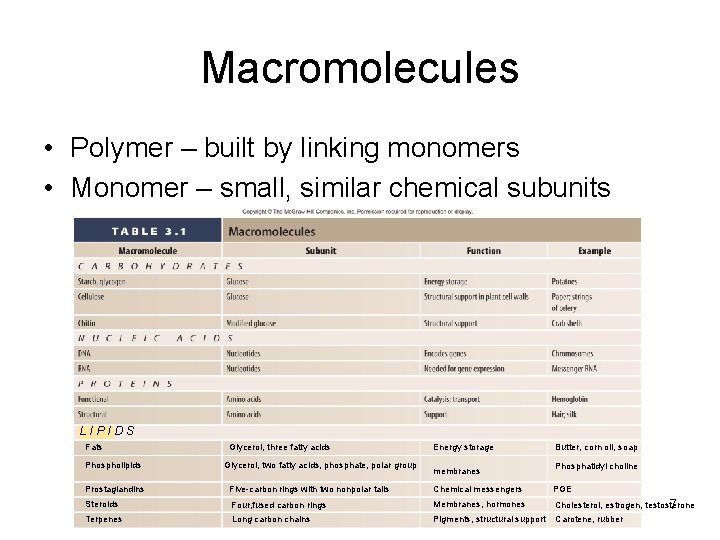 Macromolecules • Polymer – built by linking monomers • Monomer – small, similar chemical