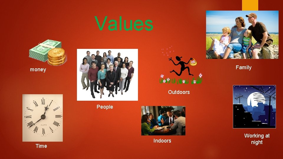 Values Family money Outdoors People Time Indoors Working at night 